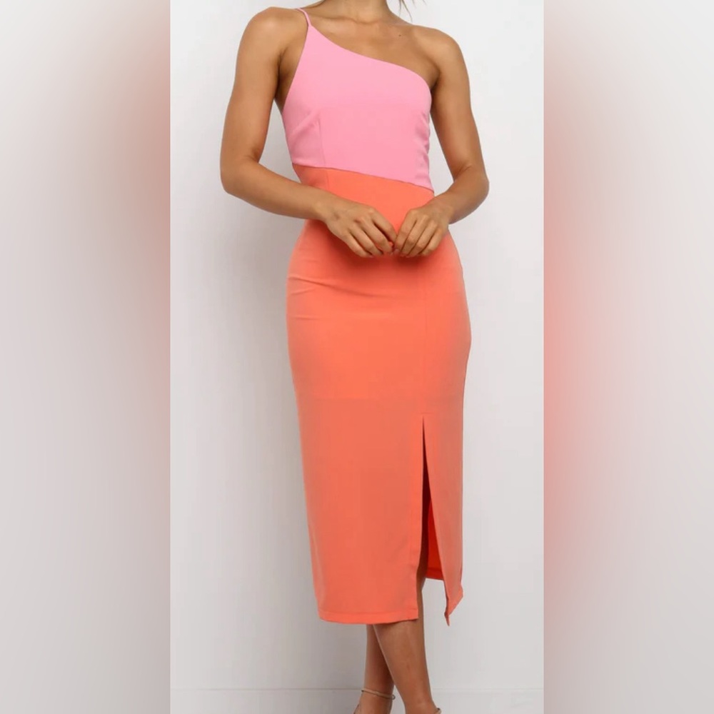 Petal & Pup Pink and Orange One Shoulder Sheath Dress